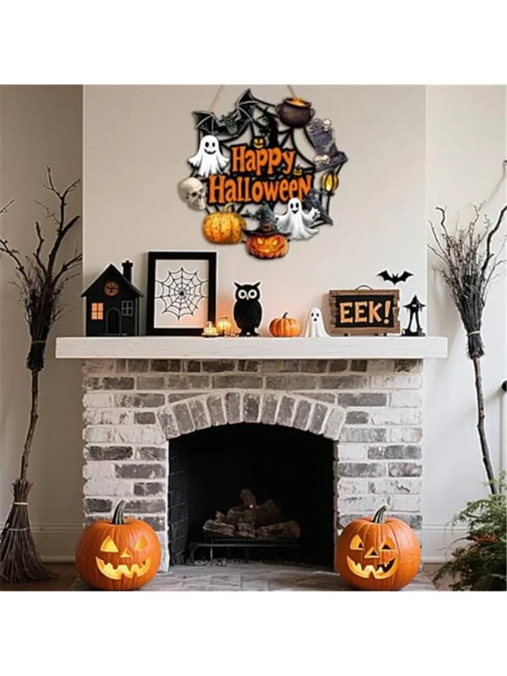 Halloween Door Decoration Wooden Ghost Wreath for Front Door Sign Pumpkin Bat